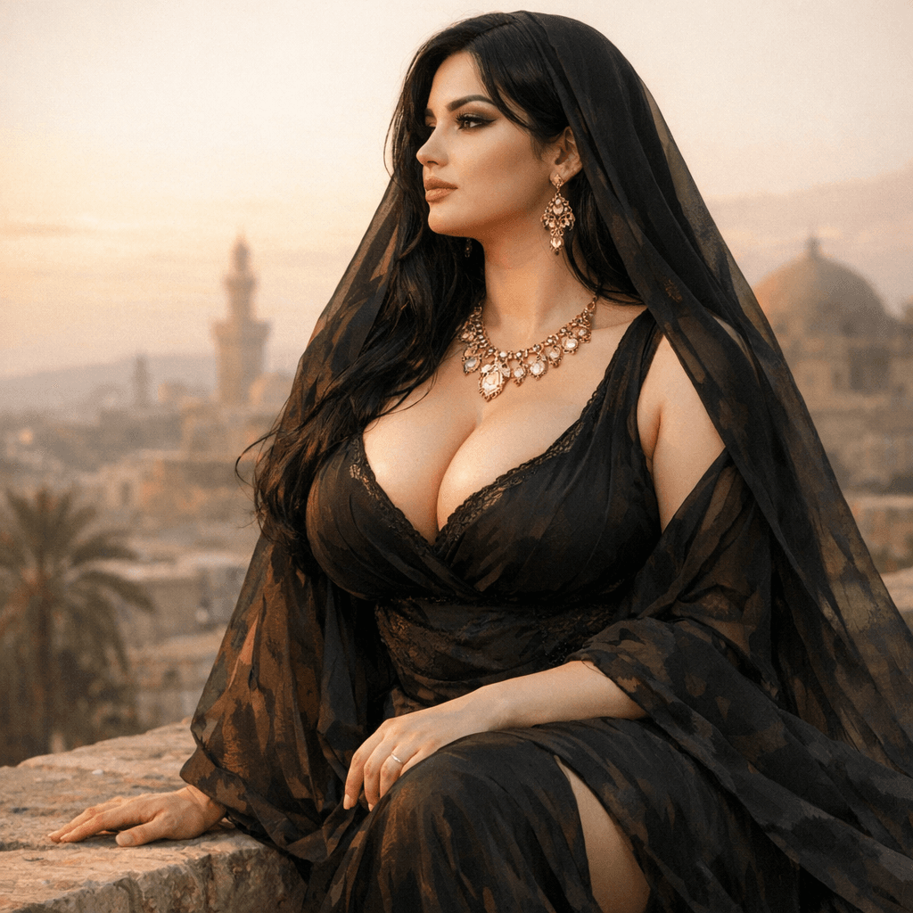 AI generated: امرأة جميلة بيضاء البشرة شعرها اسود حريري ممتلئة مثل تلك التي تكتب عنها القصائد و المدح جذابة و فاتن...