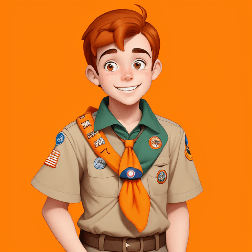 AI generated: a boy scout,  disney style, cartoony, happy,  with a orange gradient background, 