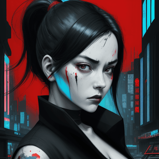 AI generated: poster of women in black and red and a woman in blue shirt, in the style of modern ink painting, cyb...