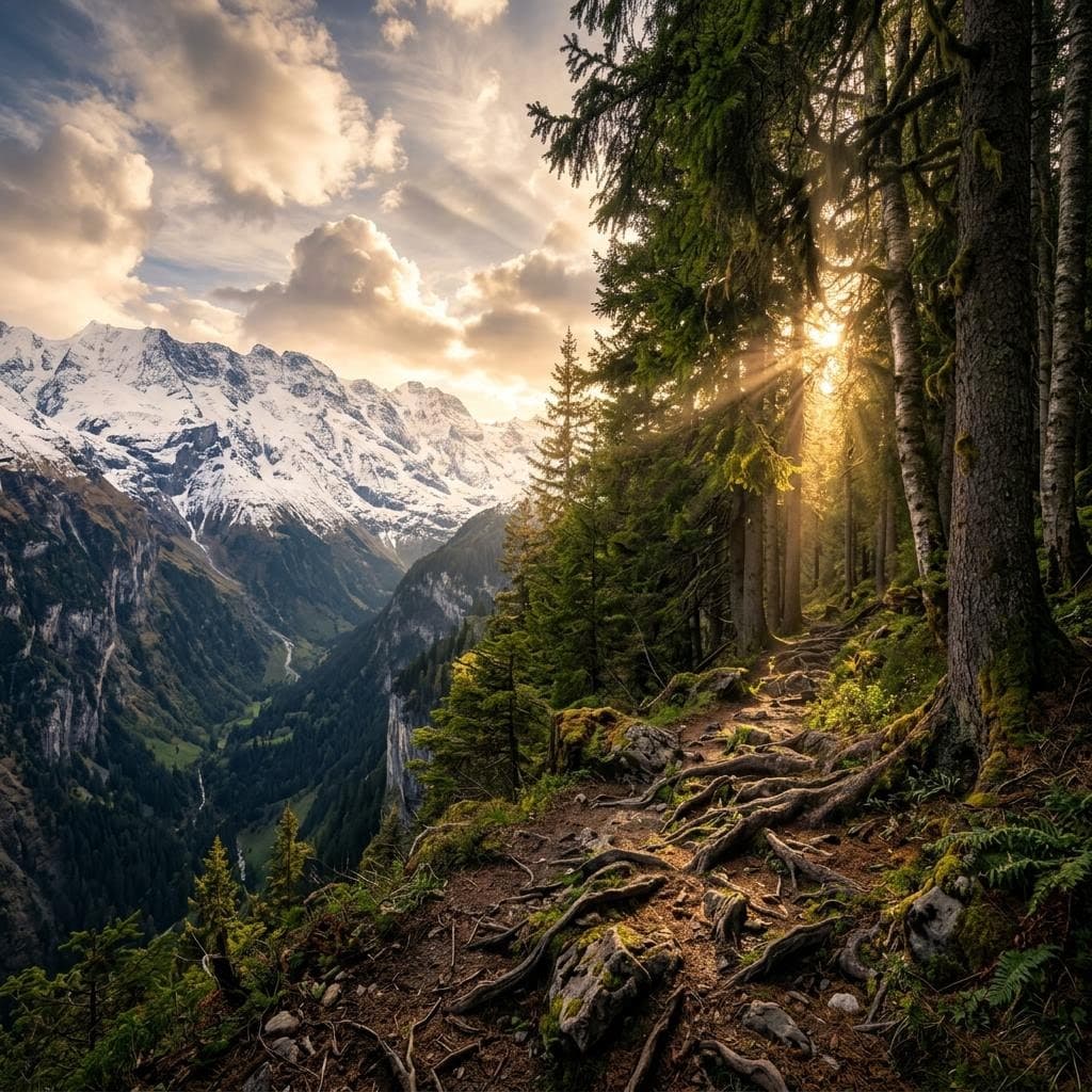 AI generated: Highly detailed, photorealistic 8K landscape, hyperrealistic photo quality, sunlight shining through...
