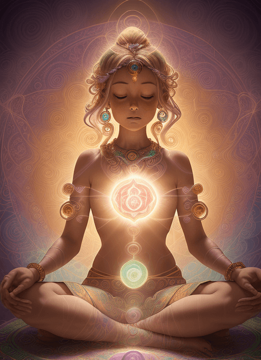 AI generated: Amidst a kaleidoscope of swirly, pastel-hued energy vortexes, a gentle, luminescent female figure si...