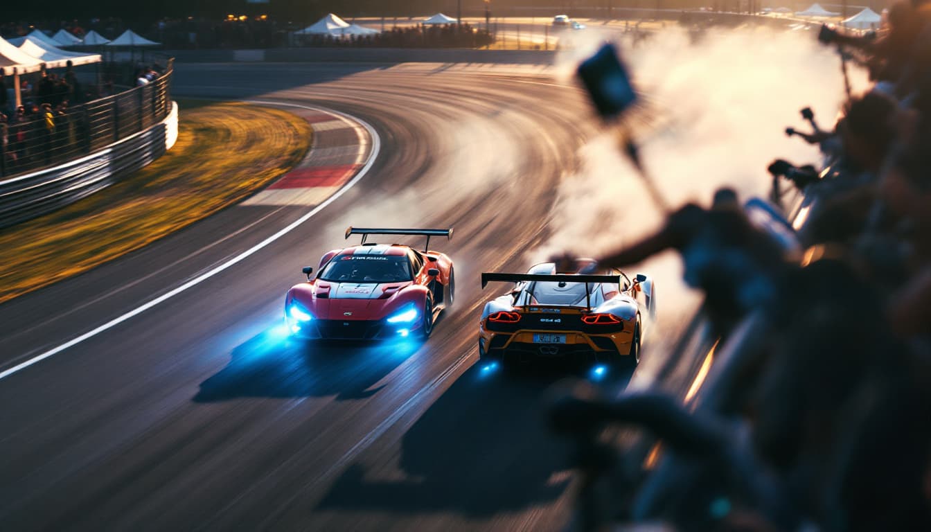AI generated:  The race track is well lit by sunlight. The track is turning. The 2(two) first cars with logos of d...