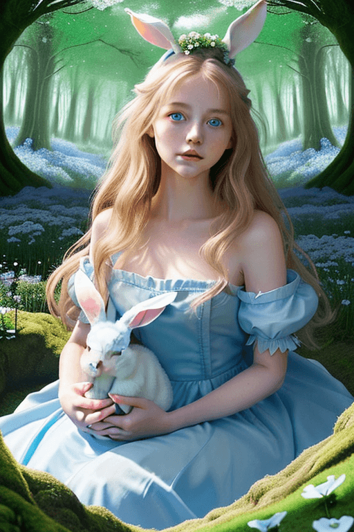 AI generated: ((portrait of young girl holding a white bunny)), (best friends for life), (Alice In Wonderland), (l...