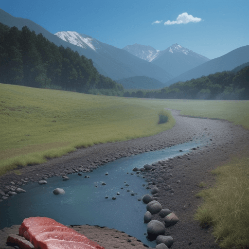 AI generated: mountains, a heap of hot coals on the ground, a piece of juicy meat is roasting on a spit over hot c...
