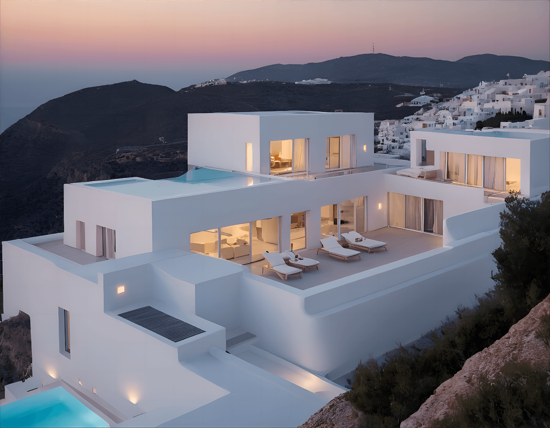 AI generated: Modernized Greek Cycladic architecture, white structures with energyefficient design, influence of Z...