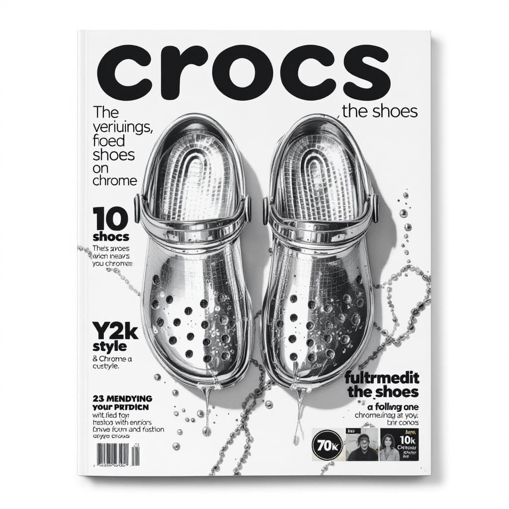 AI generated: a fashion magazine cover about crocs, the shoes, following a y2k style and chrome style.
