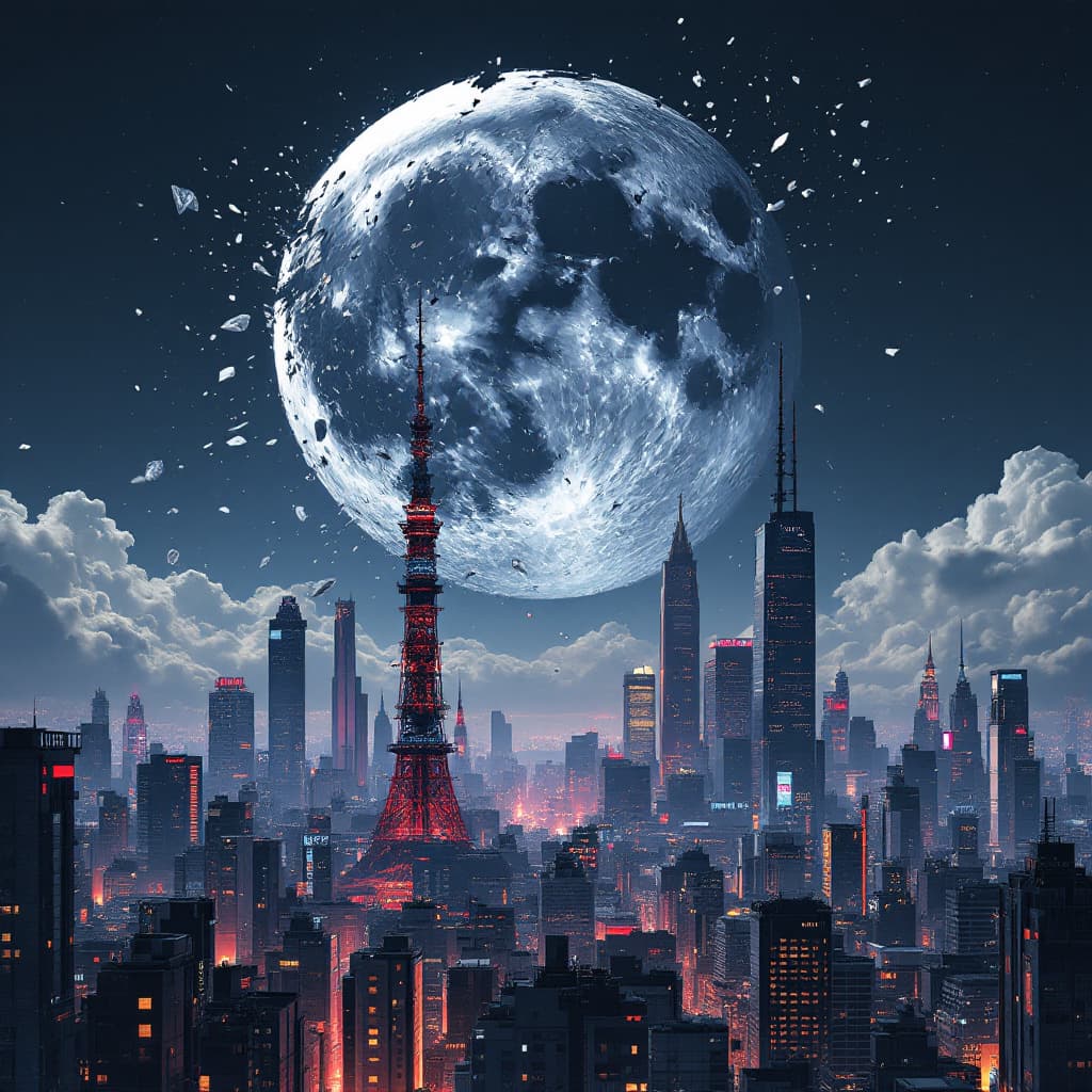 AI generated: sci-fi neo tokyo, in the style of akira, city skyline with part of the moon shattered and pieces of ...