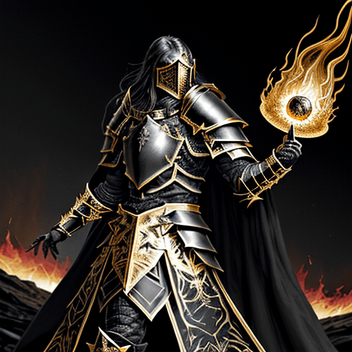 AI generated: Lord of the Frenzied Flame, Elden Ring, black overlapping plate armor edged with gold, black overlap...