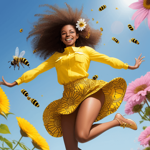 AI generated: African American super female model smiling with hair full of big flowers with a bee flying around::...