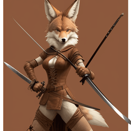 AI generated: Wounded and mangey female anthropomorphic coyote with swords 