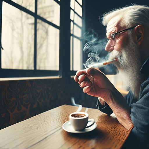 AI generated: old man drinking coffee and smoking a pipe in a cafe, fantasy, cozy, warm atmosphere