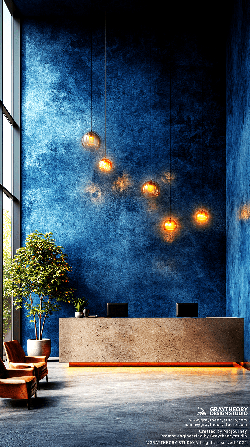 AI generated: reception desk with a smooth, eggshell-finish concrete, contrasted against a tall, muted indigo wall...
