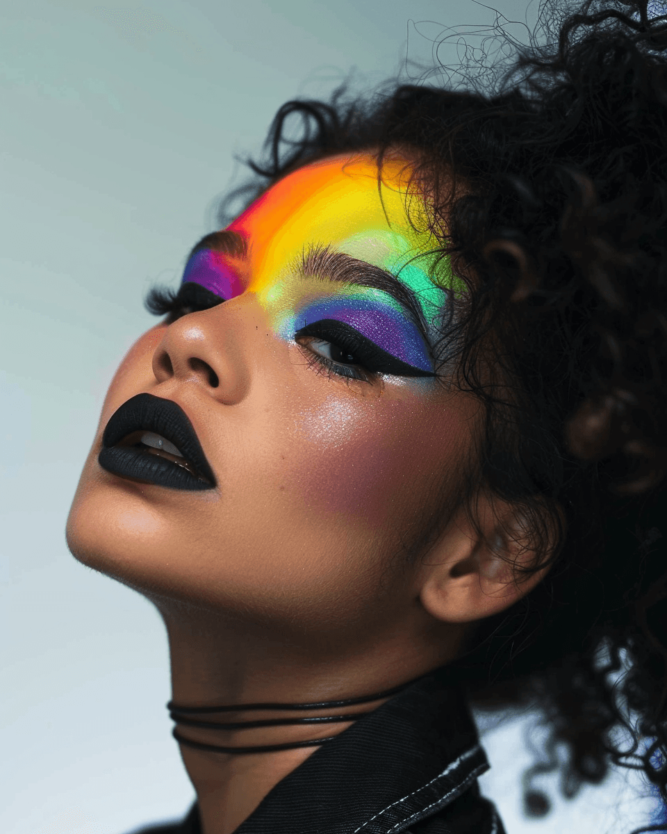 AI generated: a woman with colorful makeup on her face, rainbow, lipstick, a picture of the upper half of her head...