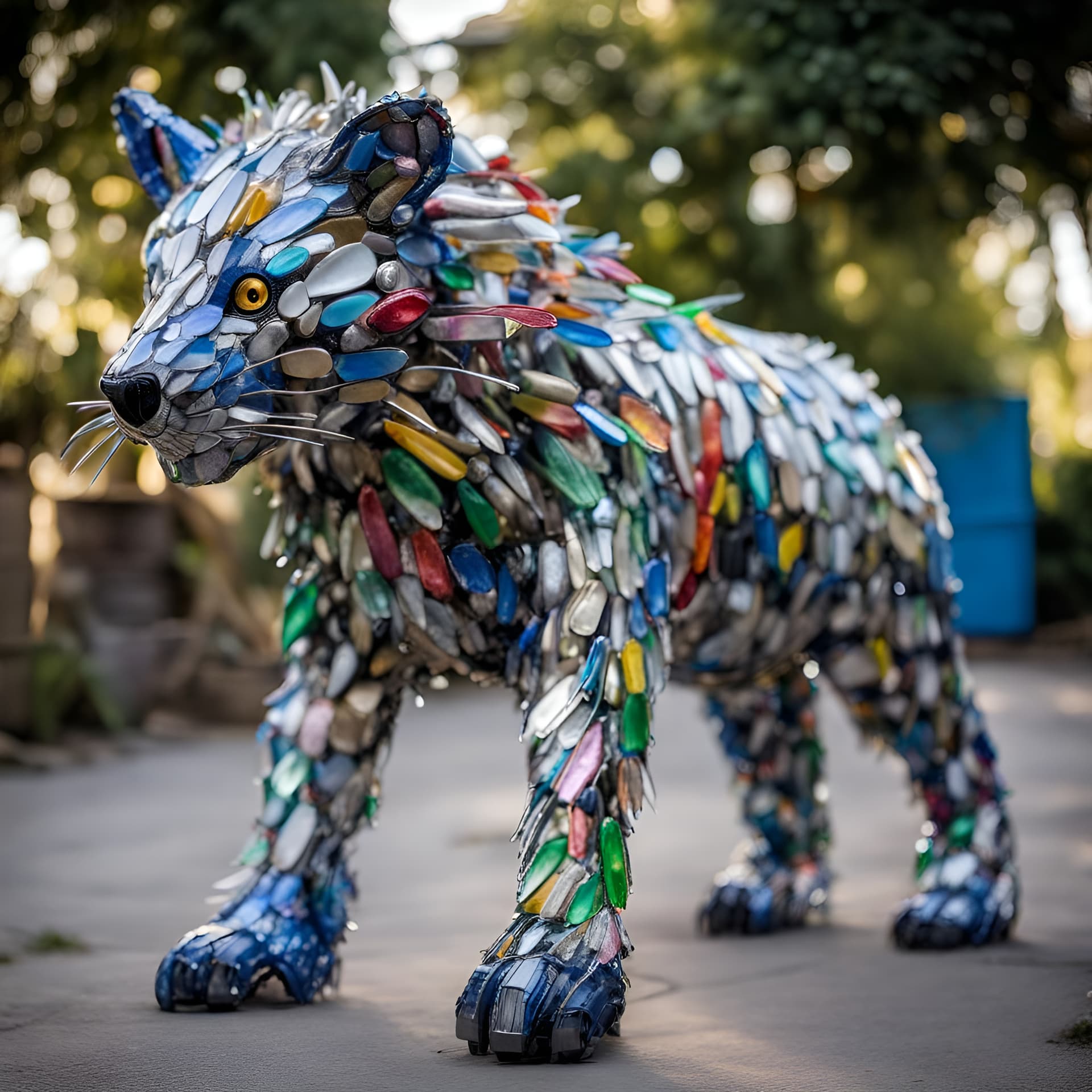AI generated: Sculpt a life-sized animal using discarded plastic bottles and metal scraps, highlighting it's beaut...