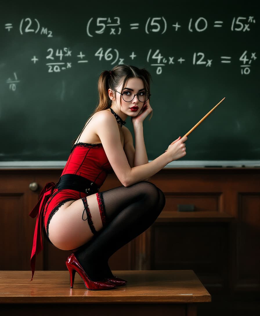 AI generated: photo of a 24-year-old woman with twintails and big round glasses wearing tiny red outfit with black...