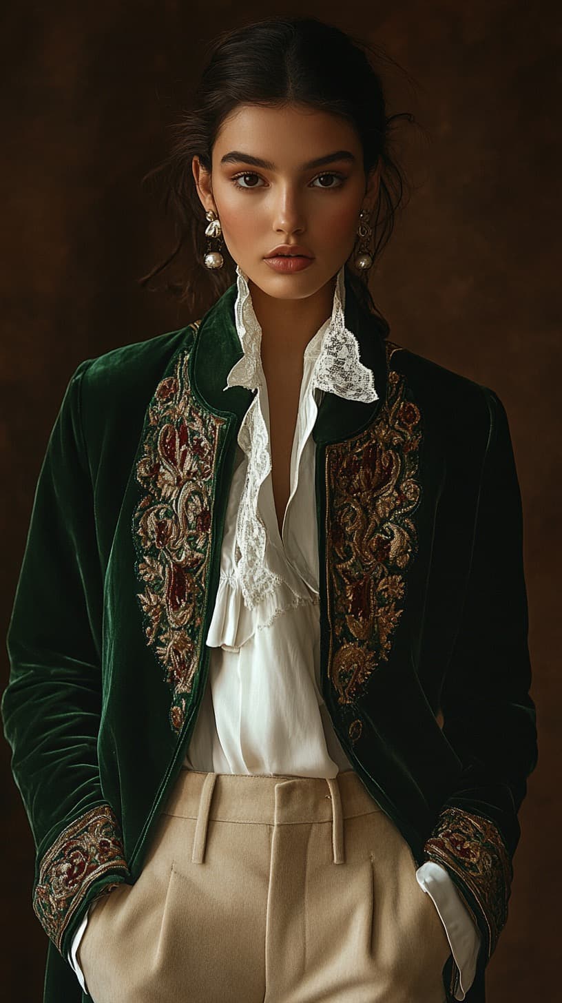 AI generated: fashion cover, front view, upper-body, A woman model, dark brown background , A green velvet coat wi...