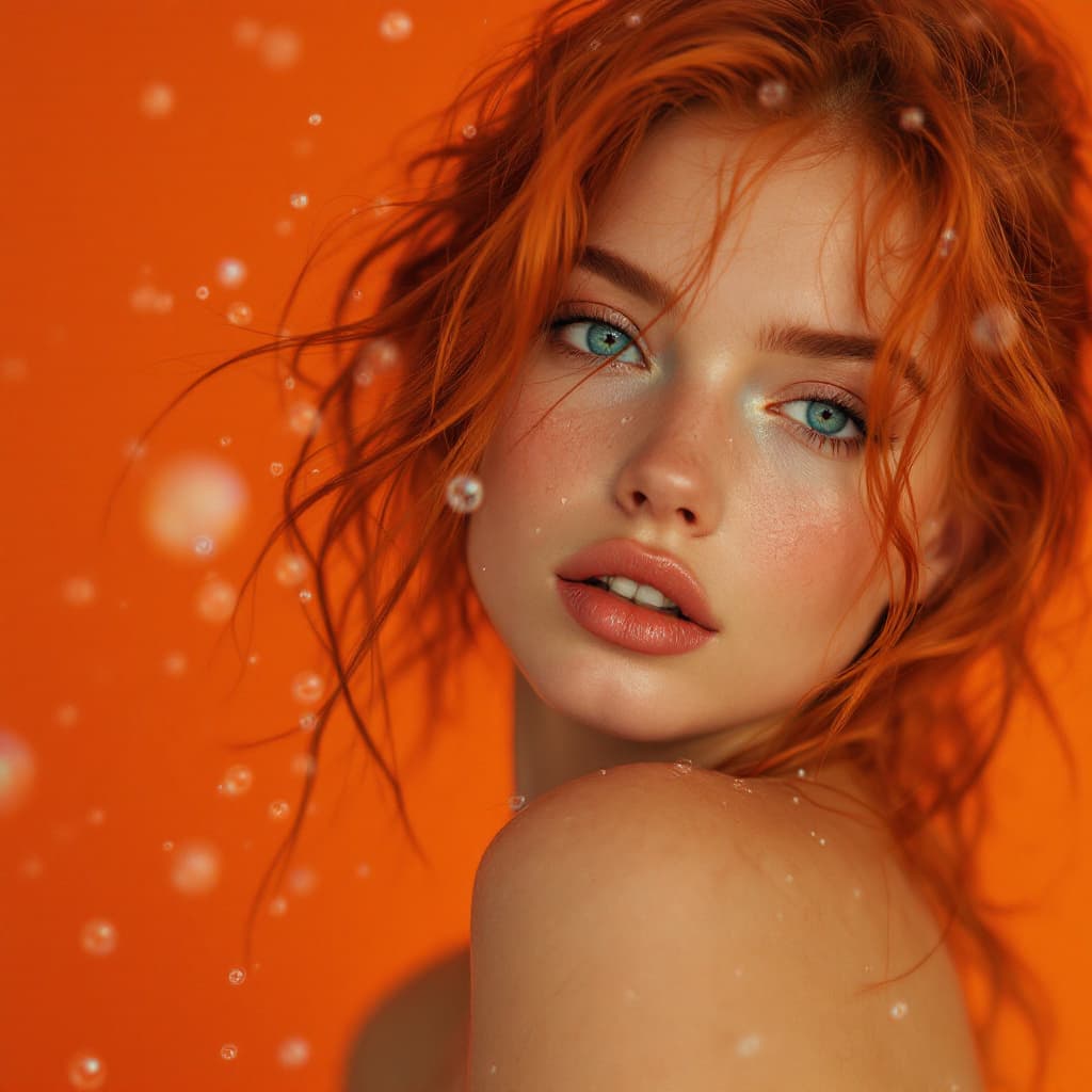 AI generated: photography, orange tone, blue-eyed redhead model, solid orange background, with small raindrops fal...