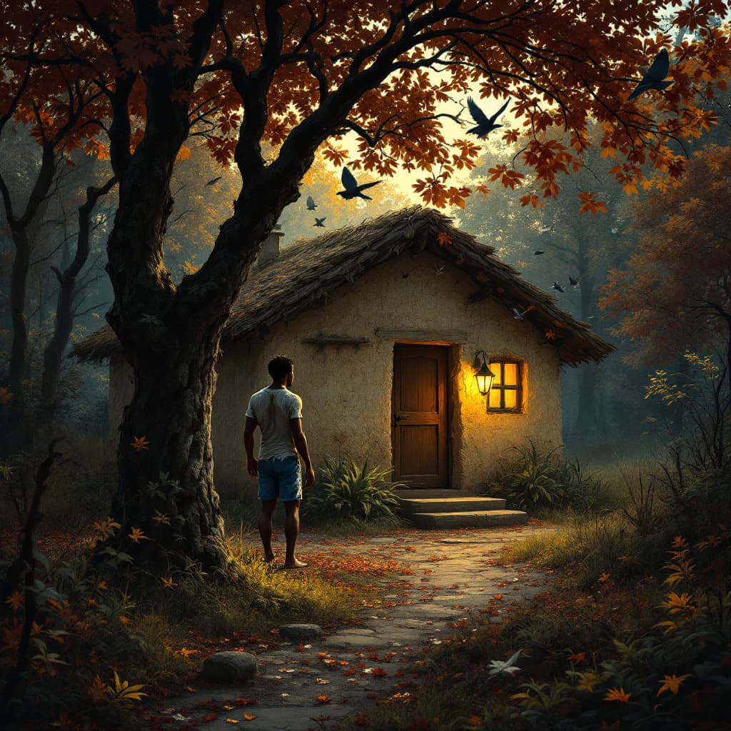 AI generated: Somewhere far from home, a young dark man finds himself lost in the forest barefooted in blue shorts...