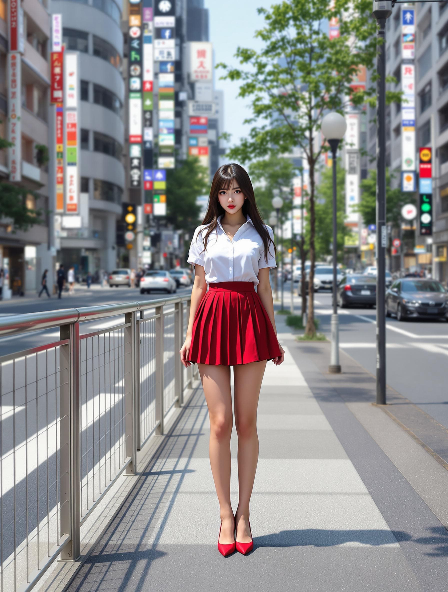 AI generated: beautiful photorealism, a girl, perfect anatomy, wearing a white short sleeves shirt, red pleated mi...