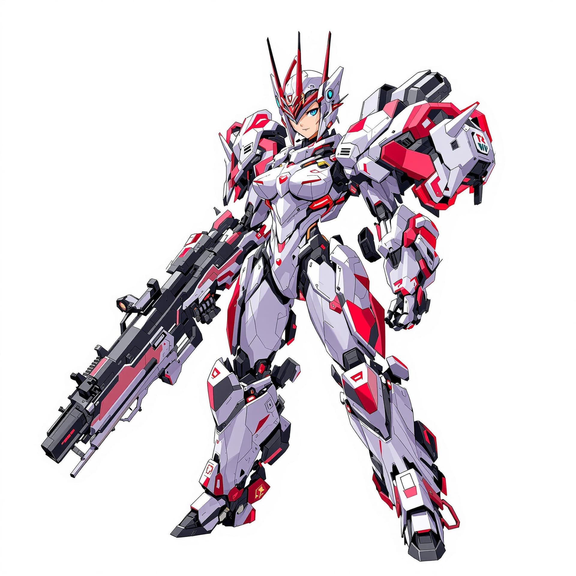 AI generated: anime-style, mecha girl, white and red  skin tight swimsuit armor, silver-red hair, blue eyes, stand...