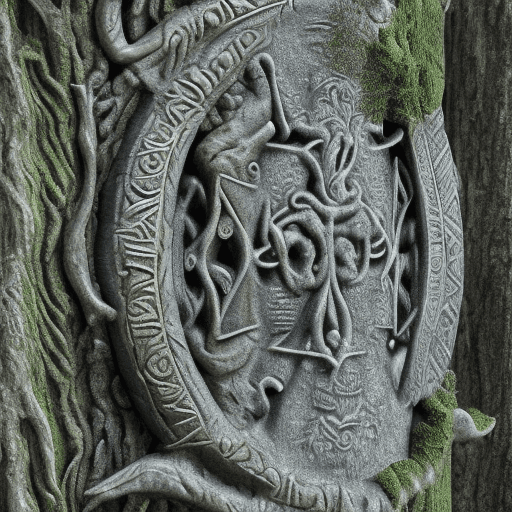 AI generated: an ancient druida with an oak staff in his right hand, with both arms open and point to high, in a l...