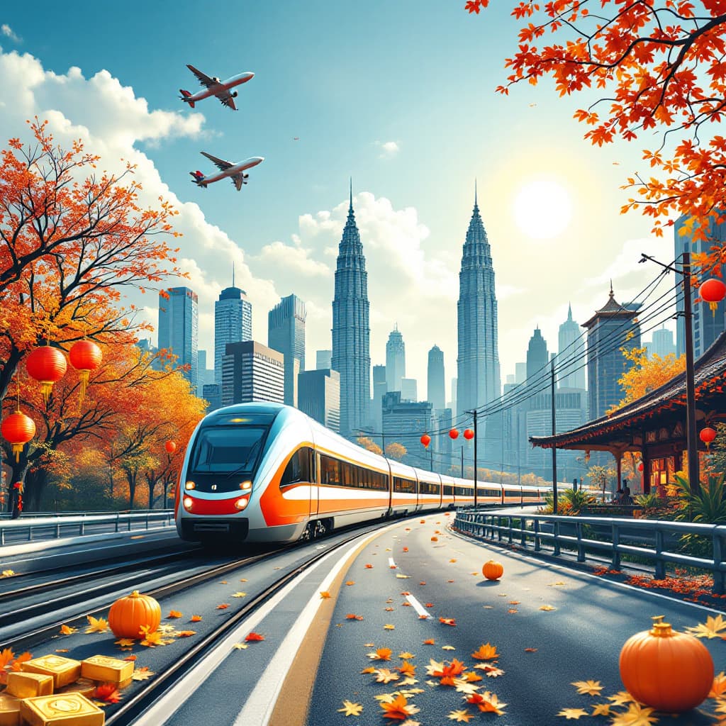 AI generated: a moving train, car along the road, aeroplane in the sky, kuala lumpur city in the sun, autumn sun s...