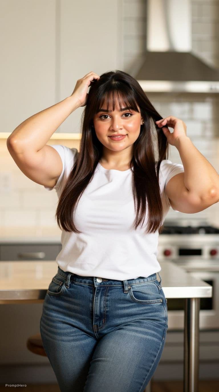AI generated: Photorealistic portrait of a young brunette woman standing in a modern kitchen, wearing a two piece ...