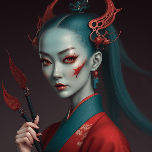 AI generated: a woman with an oriental face in photoshop and psd wuxia tanhao, in the style of natalie shau, teal ...