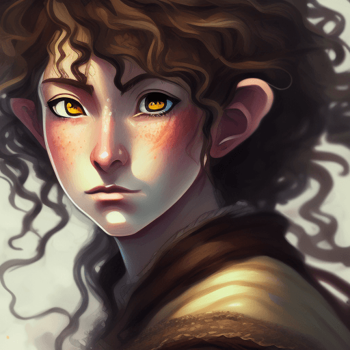 AI generated: A fantasy Anime style painting portrait of female hobbit art character with curly brown messy hair, ...