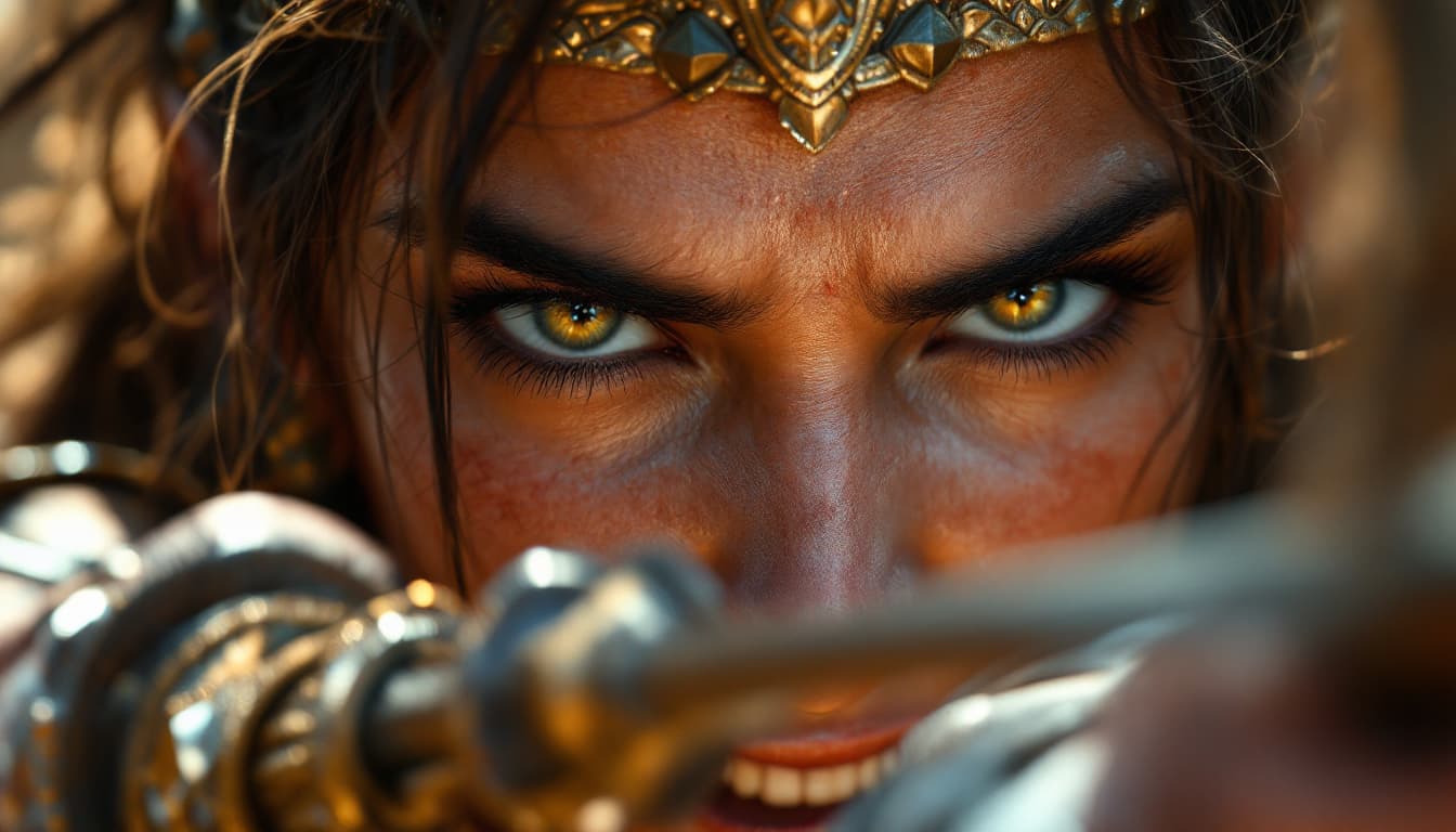 AI generated: Ultra-realistic.Close-up of Yutab firing an arrow at close range, her face filled with fury. [Yutab:...