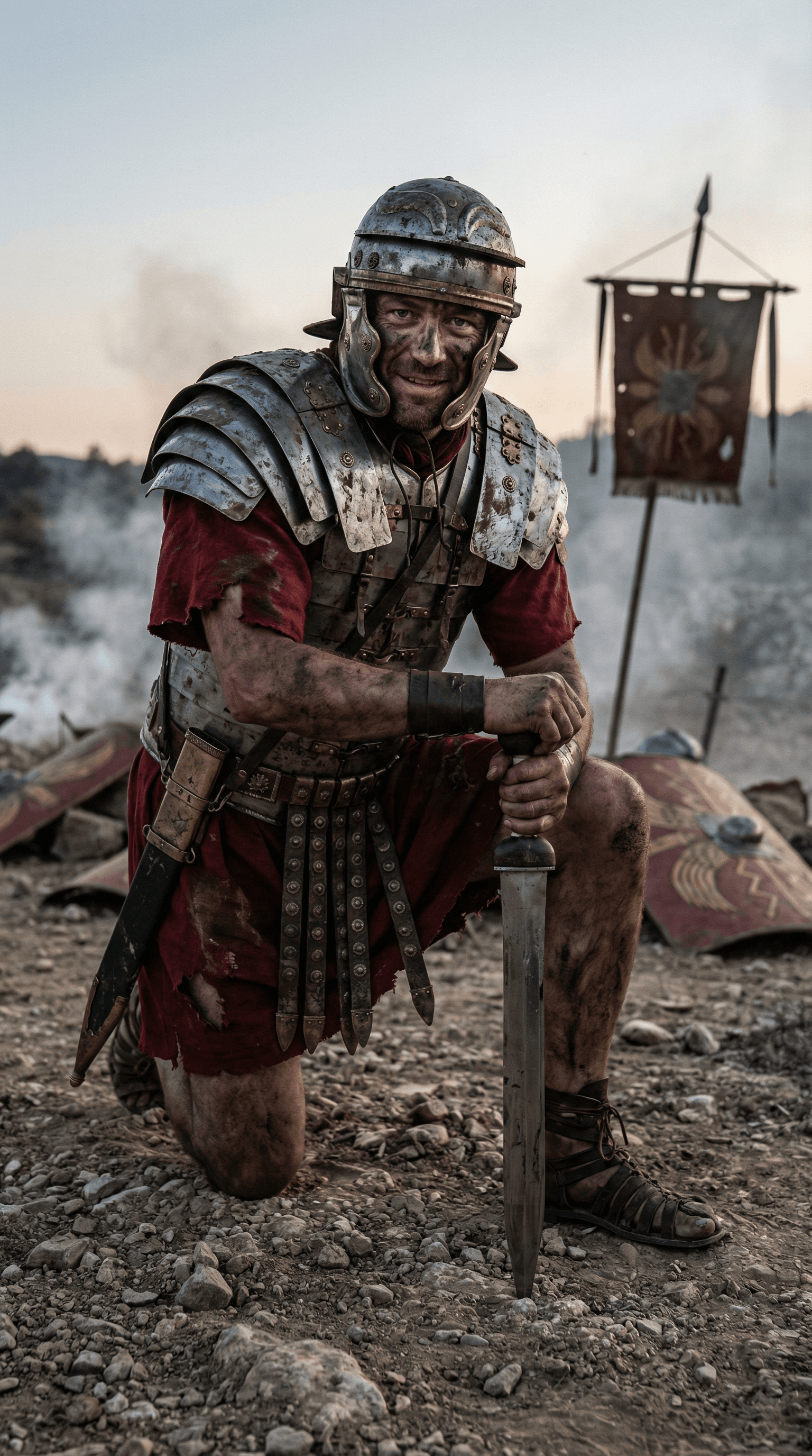 AI generated: A, full body, slight upshot, front photo of a Roman Centurion, holding his Roman Gladius, after a vi...