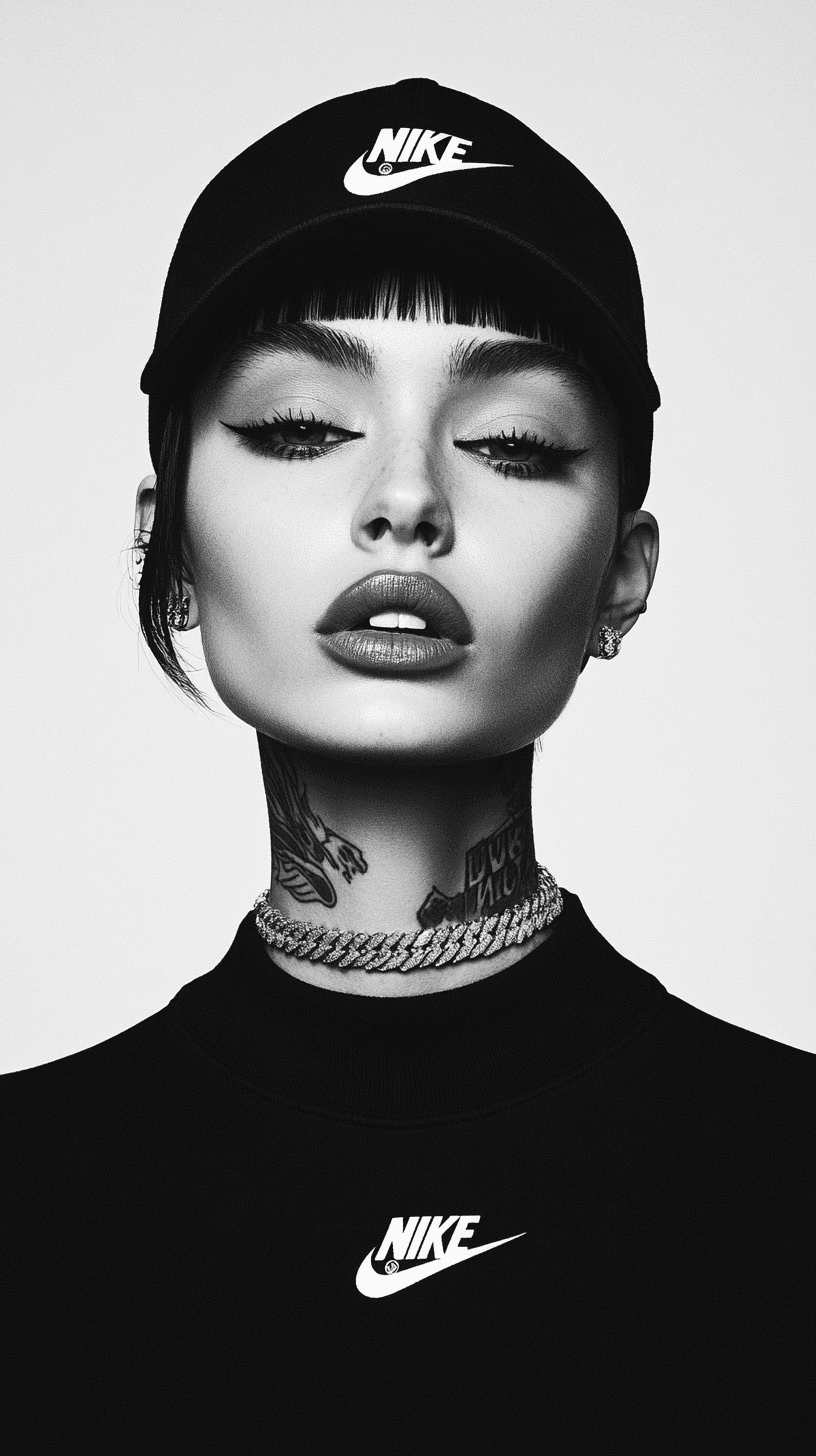 AI generated: Symetrical ultra Closeup of a dope faced tattoed model, dark mirror glazed Nike sport outfit, Minima...