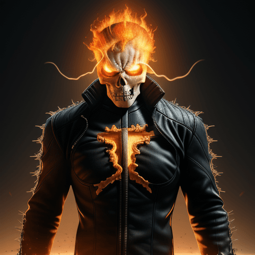 AI generated: Ghost Rider of Marvel, body up to neck with no head on body , Holding his head in his hand,
 8K, 
ma...