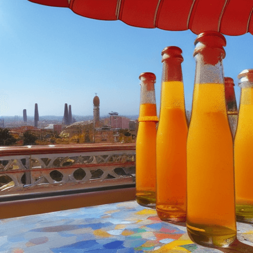 AI generated: Barcelona skyline, SAGRADA FAMILIA ,Mahou, sun and beach, orange, yellow and red colors, terrace wit...
