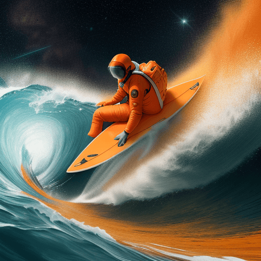 AI generated: The image features a man in an orange space suit riding a surfboard on an orange color wave. The man...