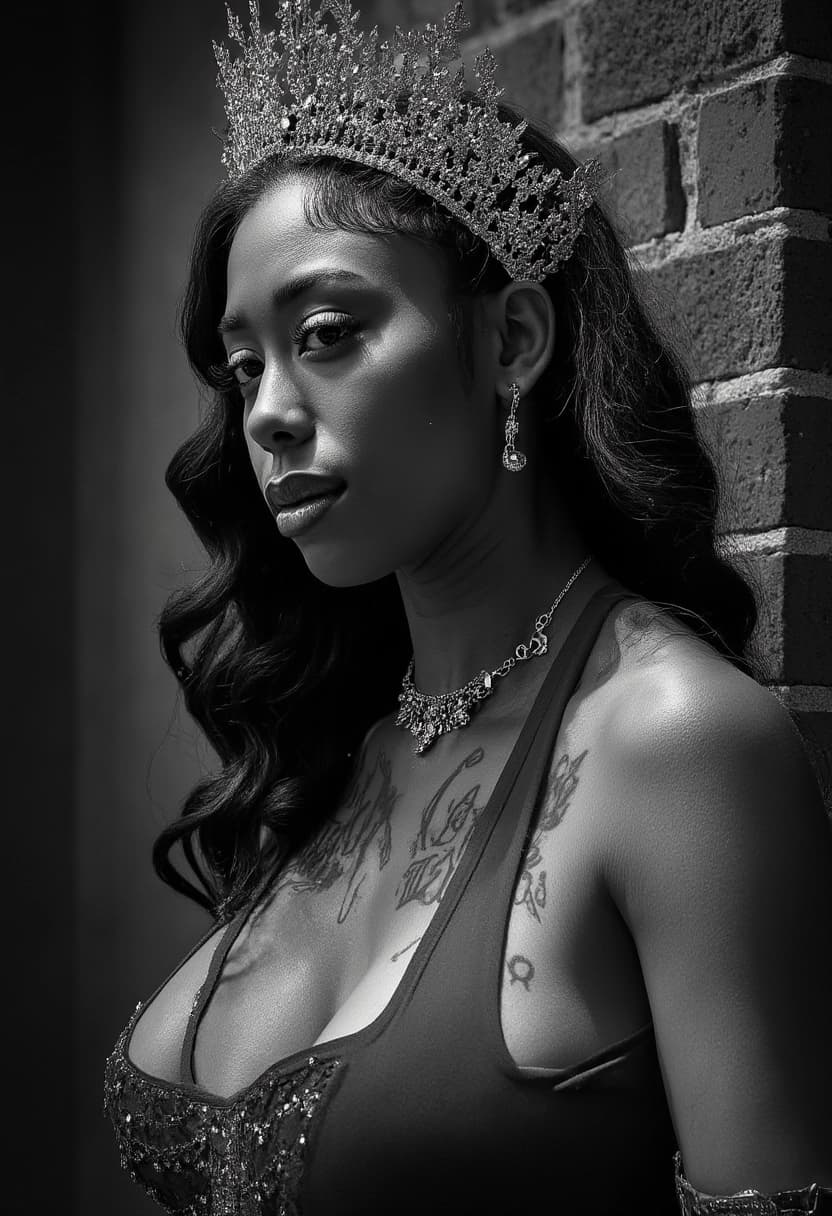 AI generated: A dramatic black and white portrait captures a person with elaborate headwear and a patterned dress,...