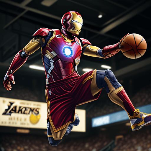 AI generated: Marvel's iron man playing basketball, he is jumping to dunk on the hoop and he is dressed in the Lak...