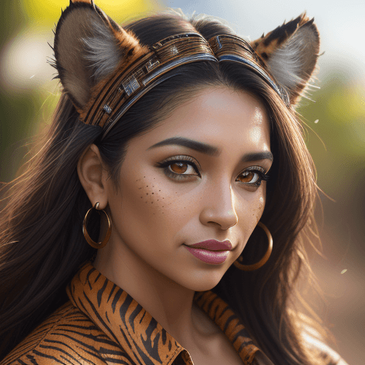 AI generated: Close-up portrait of mix of Latina lady, tiger printed clothing, extremely high-quality photograph, ...
