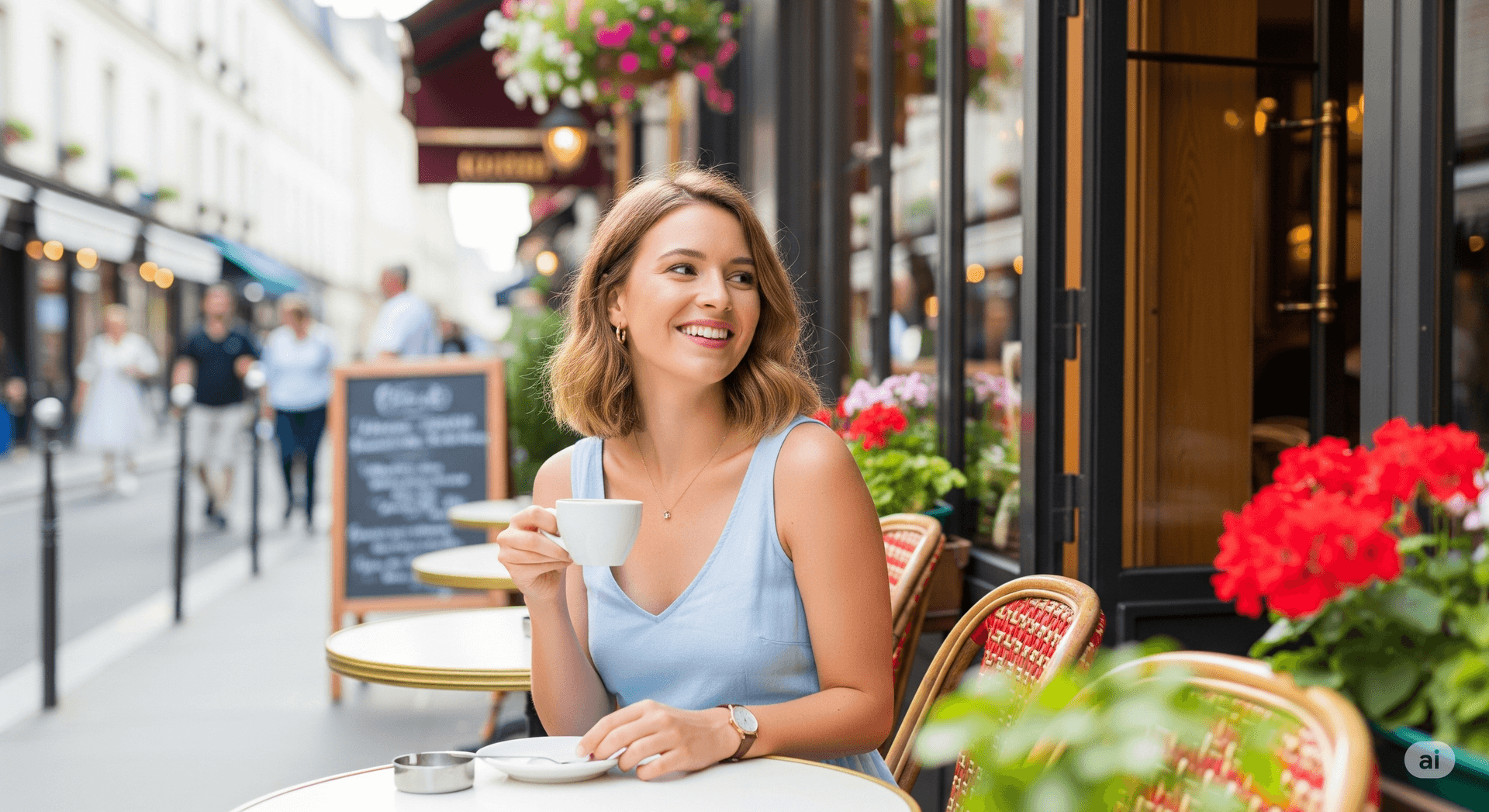 AI generated: Junge Frau in einem Pariser Cafe