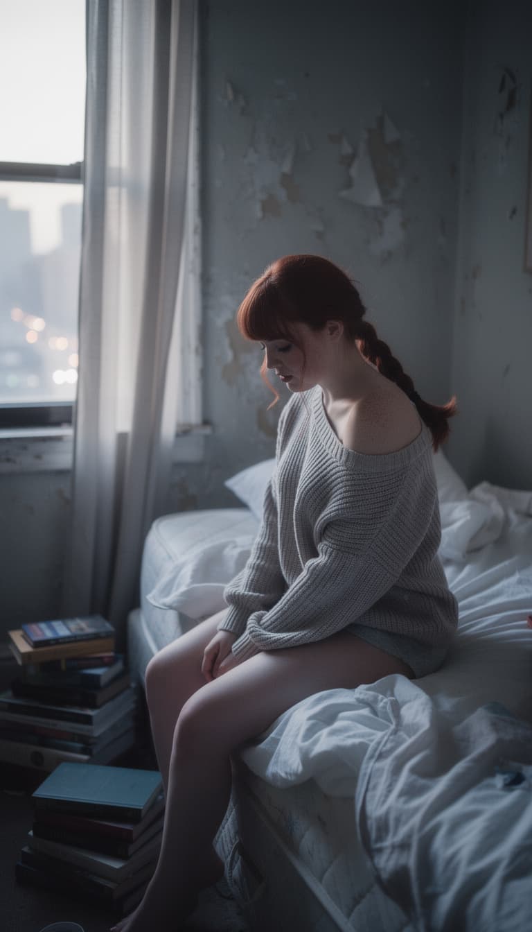 AI generated: Candid documentary scene of a young female perched on the edge of her bed in a narrow city apartment...