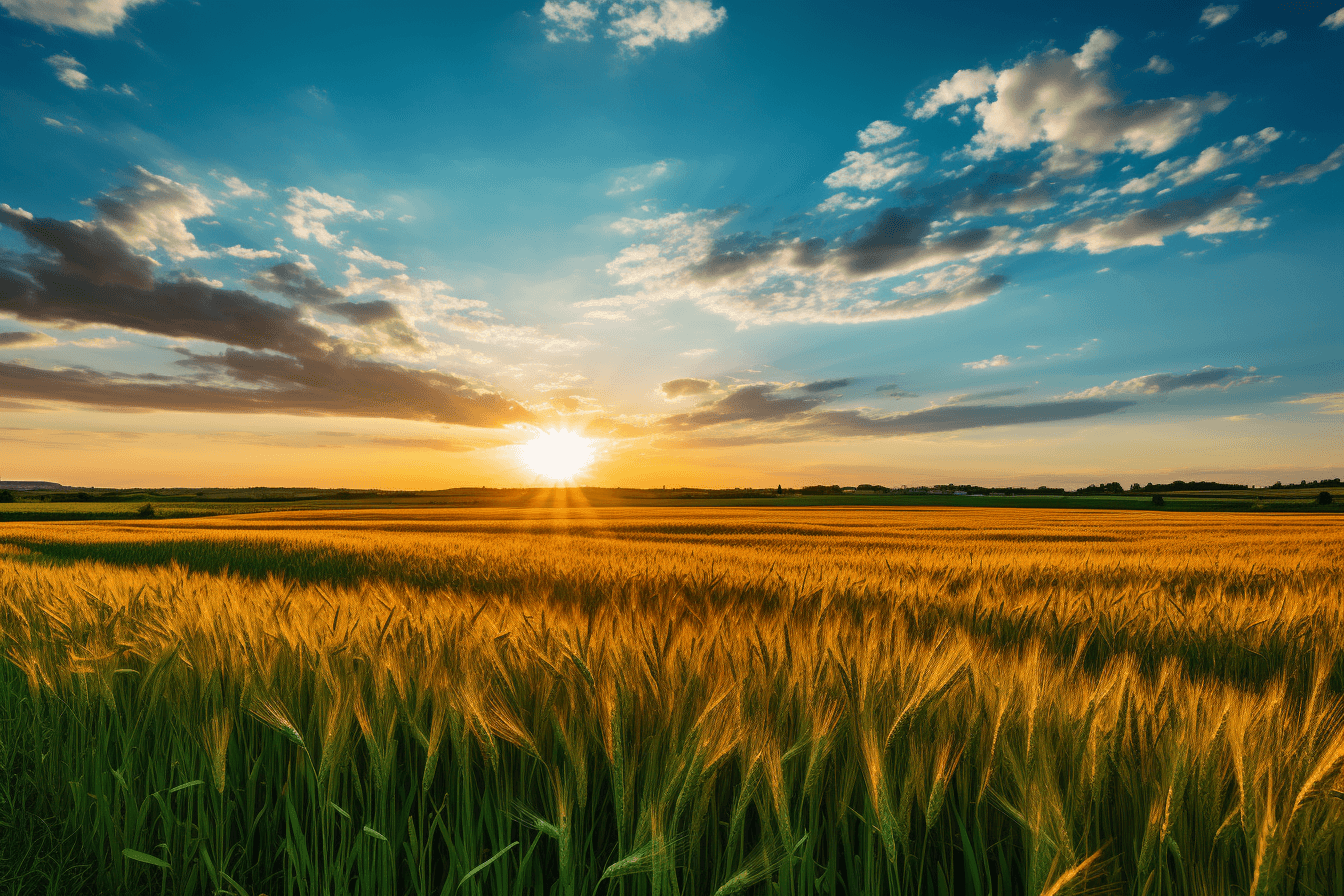 AI generated:  wide shot of the vibrant green and brown farmland with a clear blue sky, white clouds in the backgr...