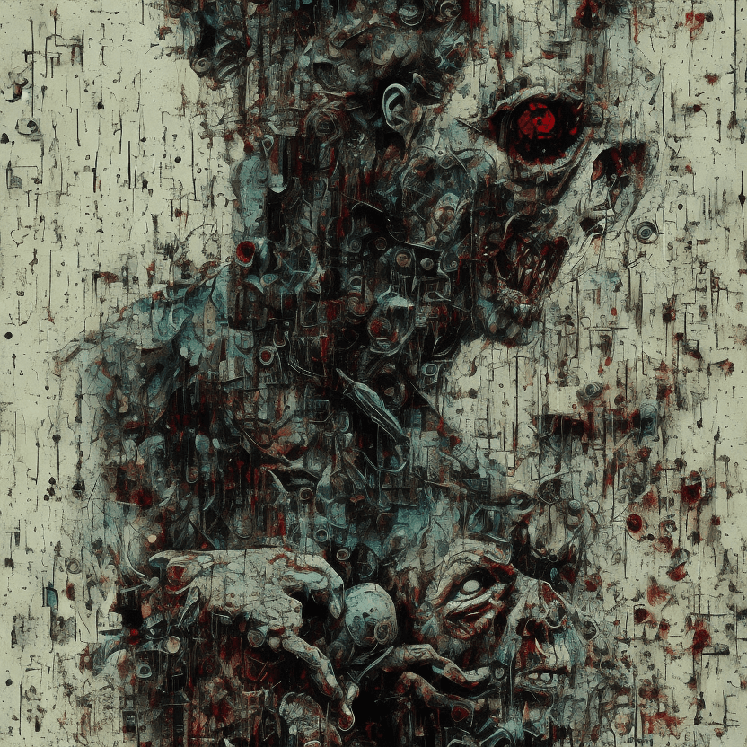 AI generated: zombies abstract illustration, glitch effects, fading, by Guy Denning, by Johannes Itten, by Russ Mi...
