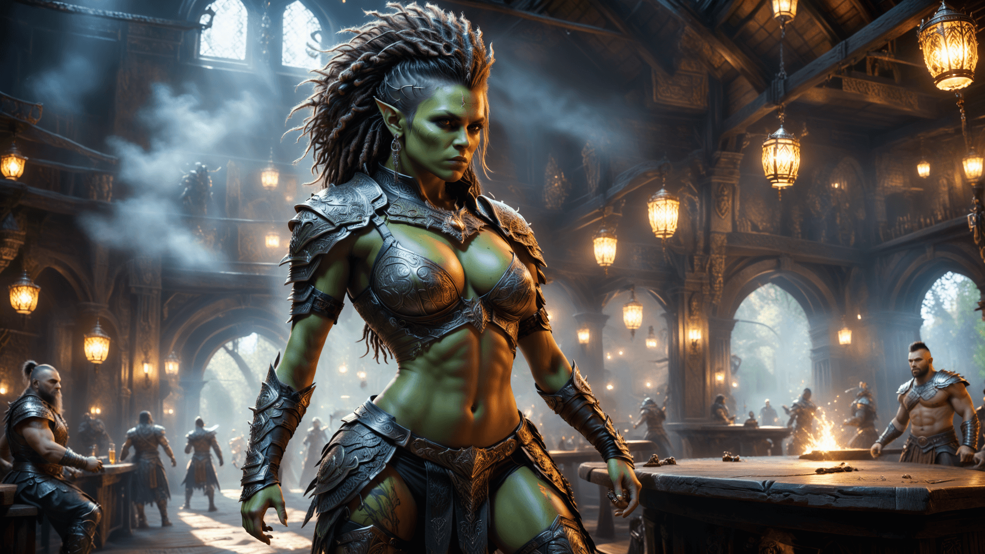 AI generated: Visually striking masterpiece depicting a young and gorgeous female orc of impressive nature and a i...