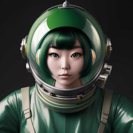 AI generated: A beautiful japanese 
alien with a retro space helmet, 1960s hair style, green outfit, in the style ...