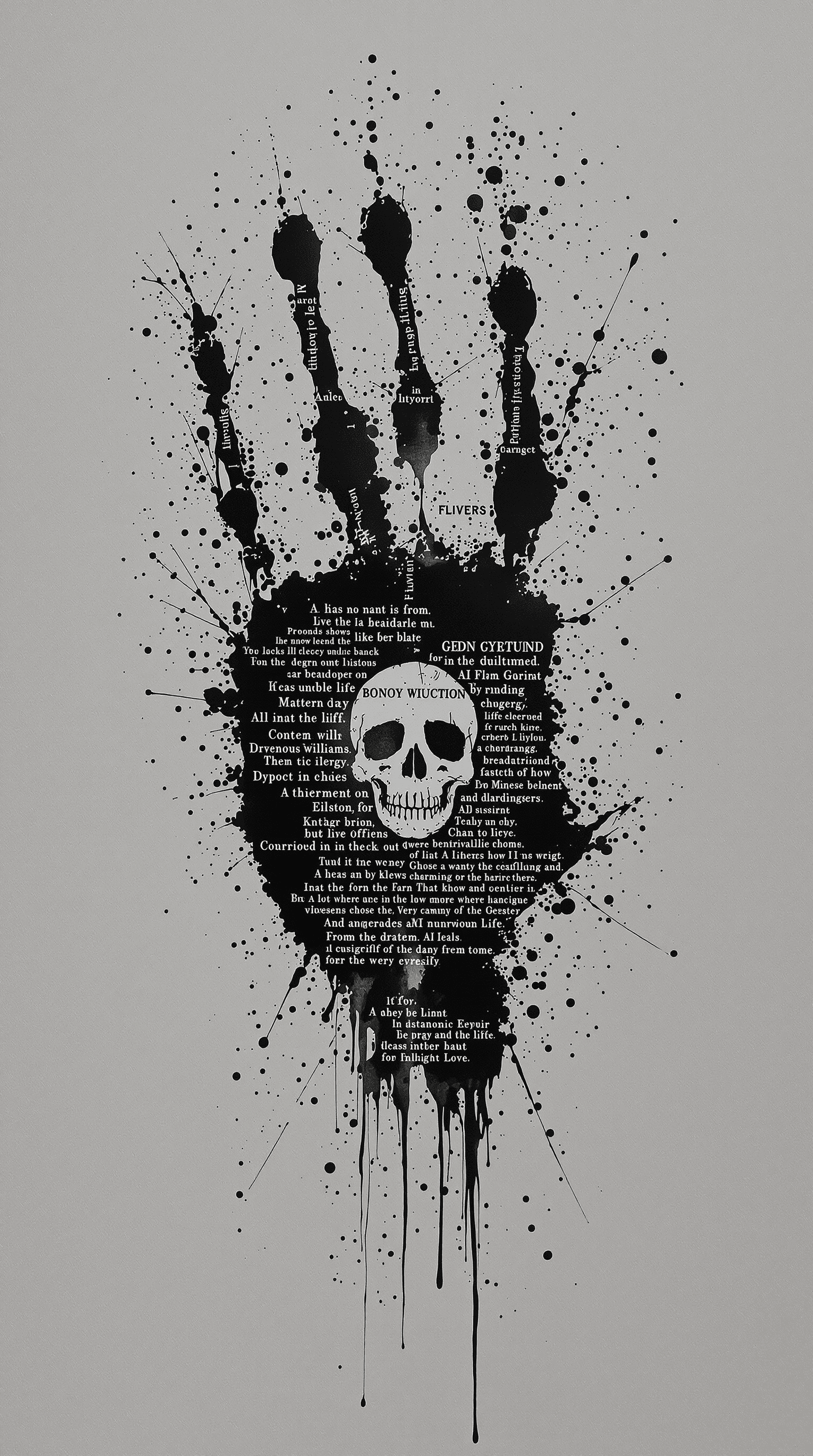 AI generated: Use a futuristic sans-serif font like skull shaped black splatters or ghosts and twist it into organ...