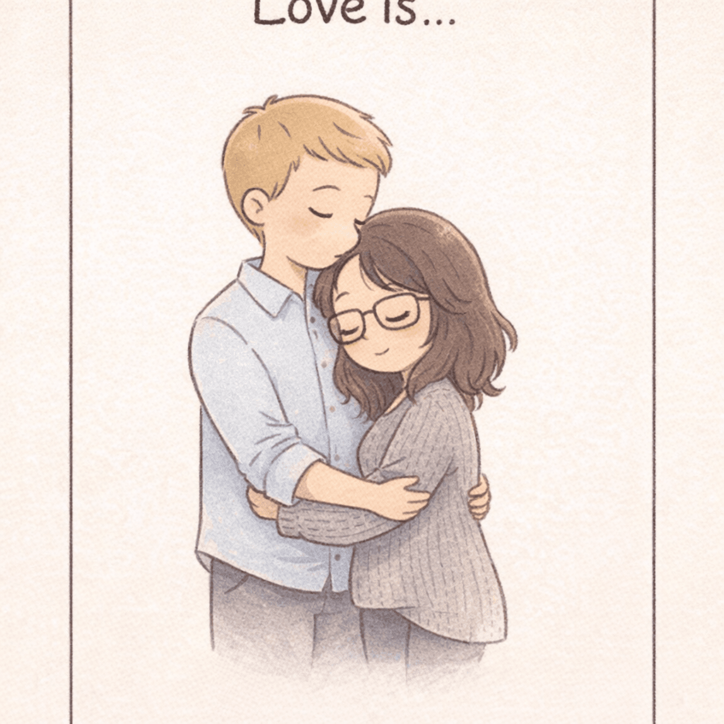 AI generated: An illustration in the classic 'Love is...' card style. A vertical, rectangular digital art piece wi...