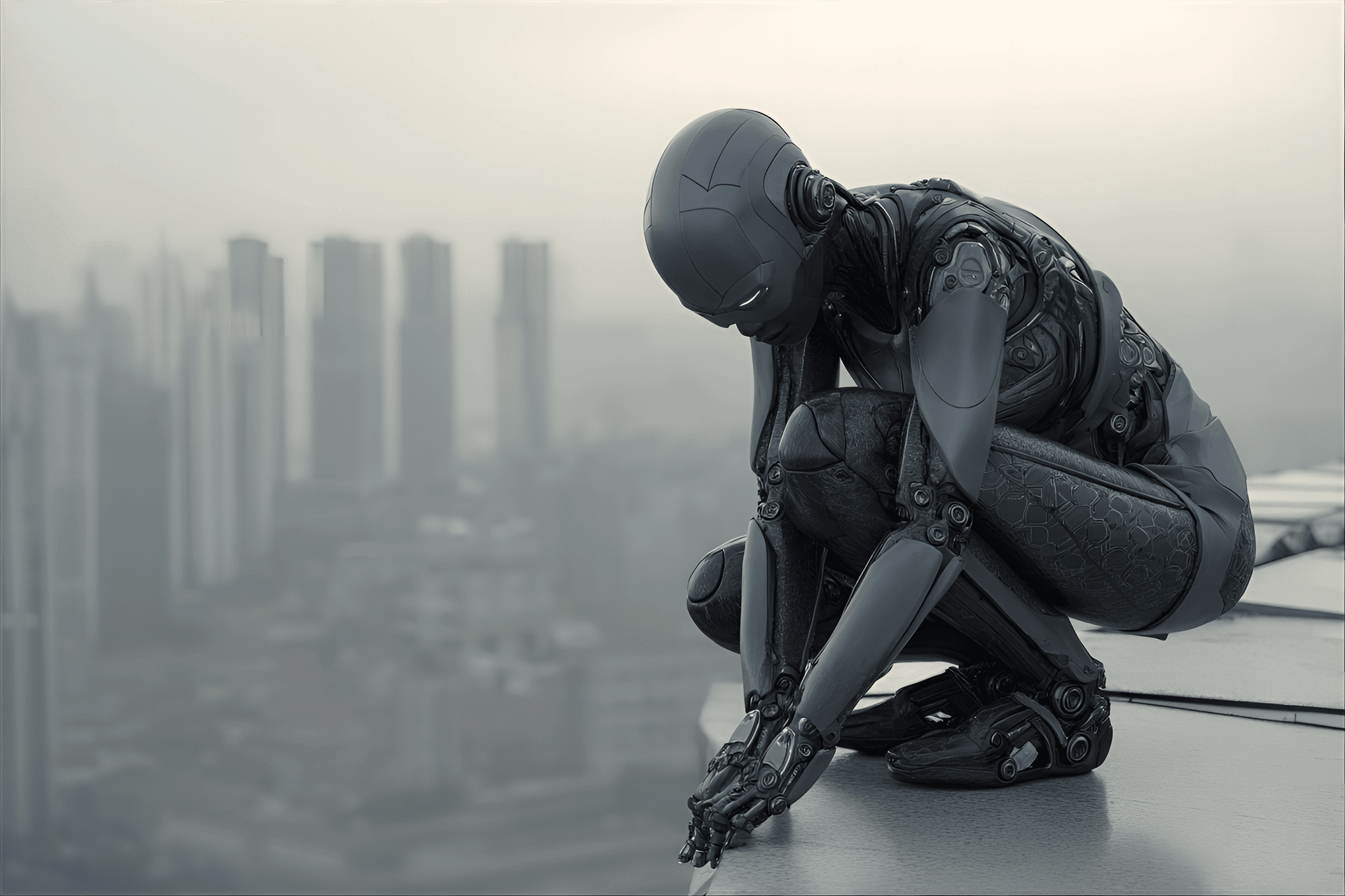 AI generated: dark sci-fi, futuristic stealth style, an agile android crouching on a cityscape ledge, minimalist c...