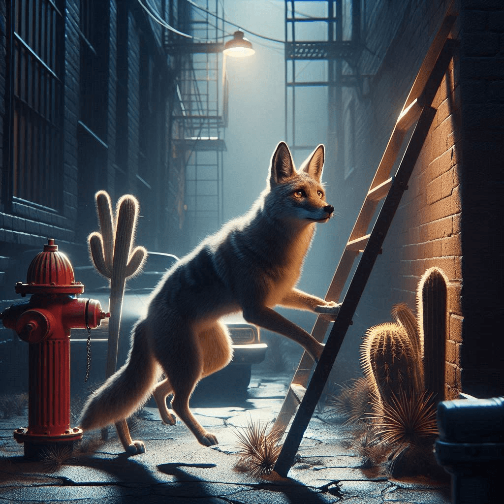 AI generated: Cinematic professional 3D animation of a coyote with thick fur climbing a ladder in a dark alley, hi...