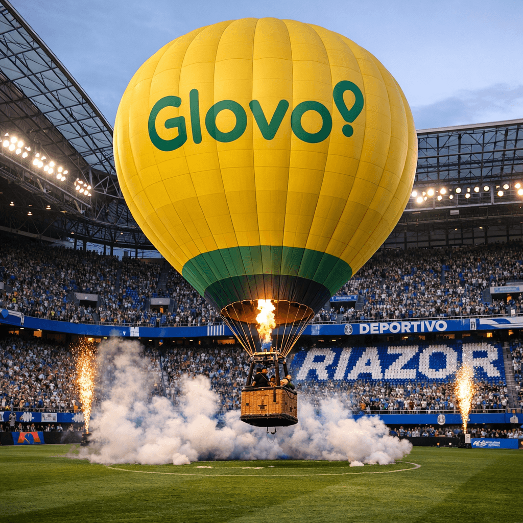 AI generated: un glovo aerostatico que despega desde el centro del estadio de riazor