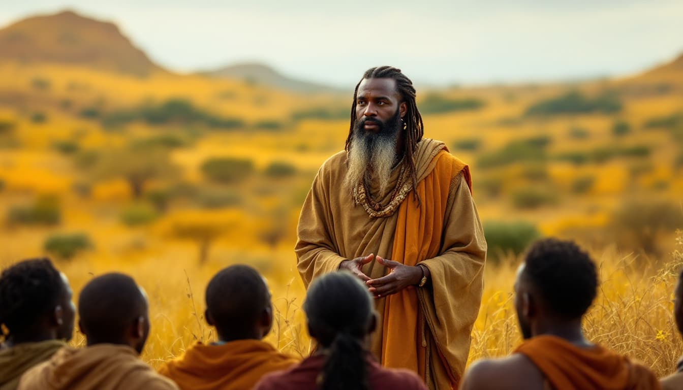 AI generated:  The man stands in front of a vibrant African landscape, with a long beard and traditional attire. H...